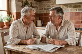 Couple célèbre partageant un moment intime et authentique dans une cuisine rustique française, illustrant la vie quotidienne malgré la célébrité