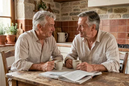 Couple célèbre partageant un moment intime et authentique dans une cuisine rustique française, illustrant la vie quotidienne malgré la célébrité