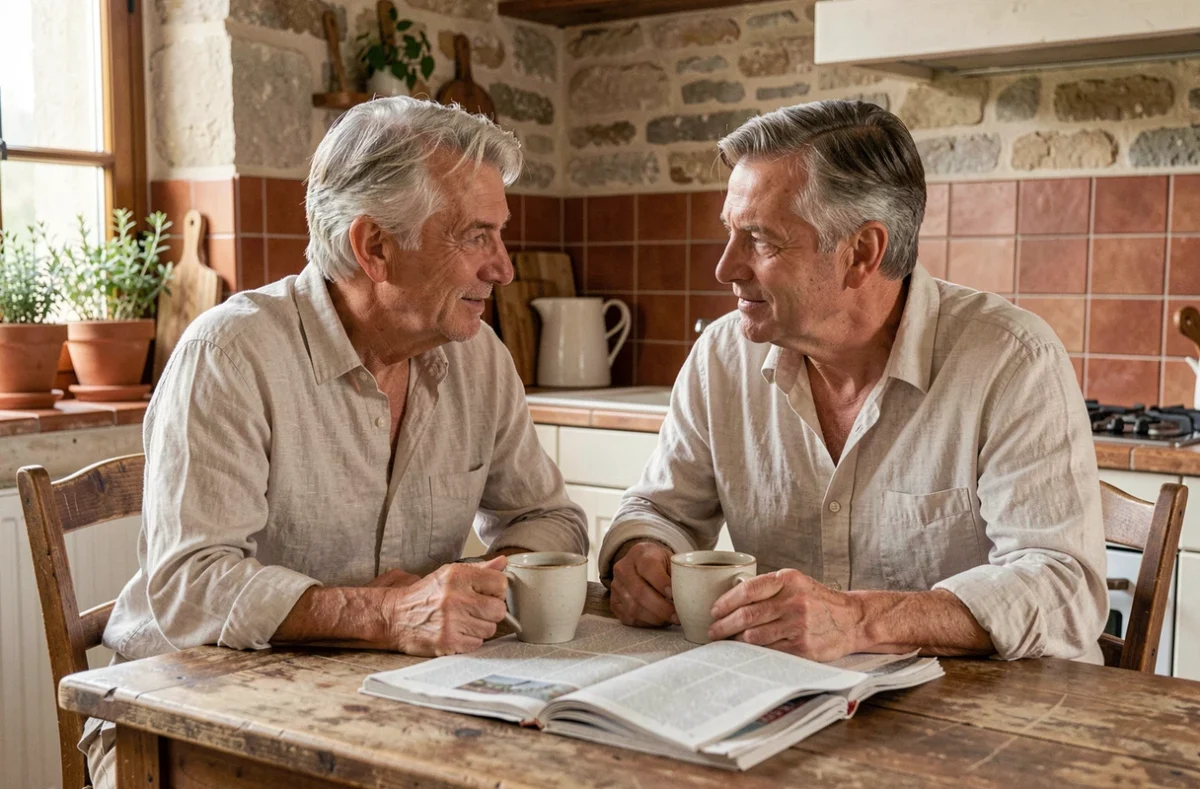 Couple célèbre partageant un moment intime et authentique dans une cuisine rustique française, illustrant la vie quotidienne malgré la célébrité