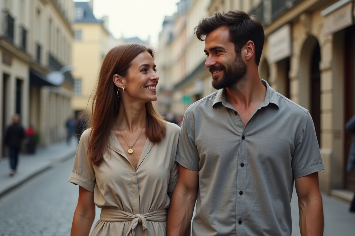 Couple élégant et complice se promenant dans une rue pavée parisienne, illustrant la vie personnelle et professionnelle équilibrée d'une personnalité TV