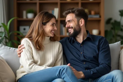 Jeune couple souriant dans un salon moderne et chaleureux