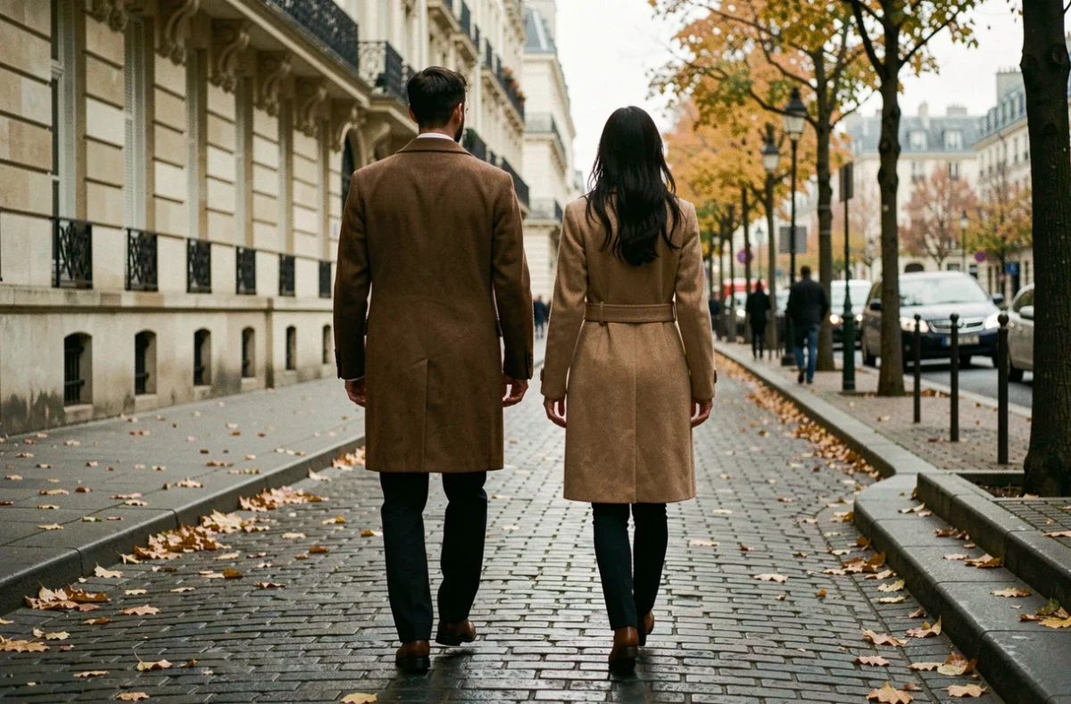 Deux silhouettes anonymes d'un couple marchant discrètement dans une rue pavée parisienne en automne, évoquant une vie conjugale privée