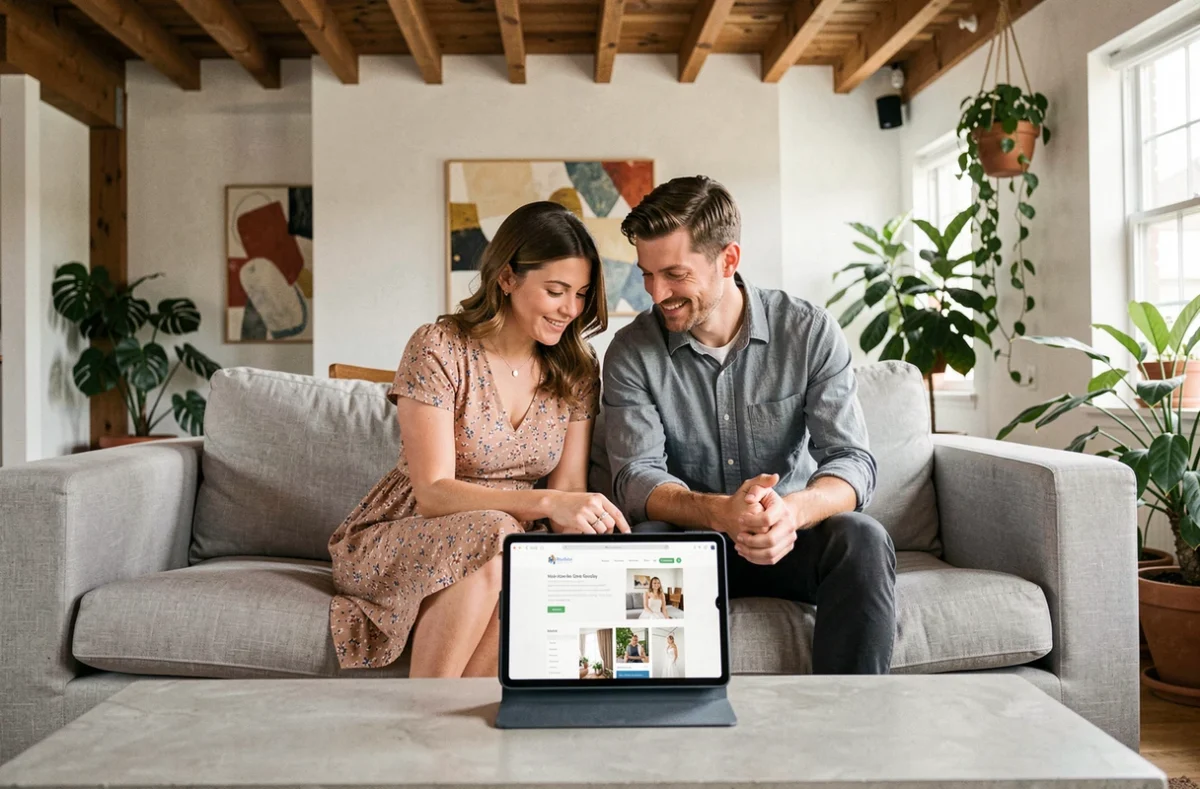 Couple fiancé discutant du lancement de leur site de mariage sur une tablette dans leur salon contemporain