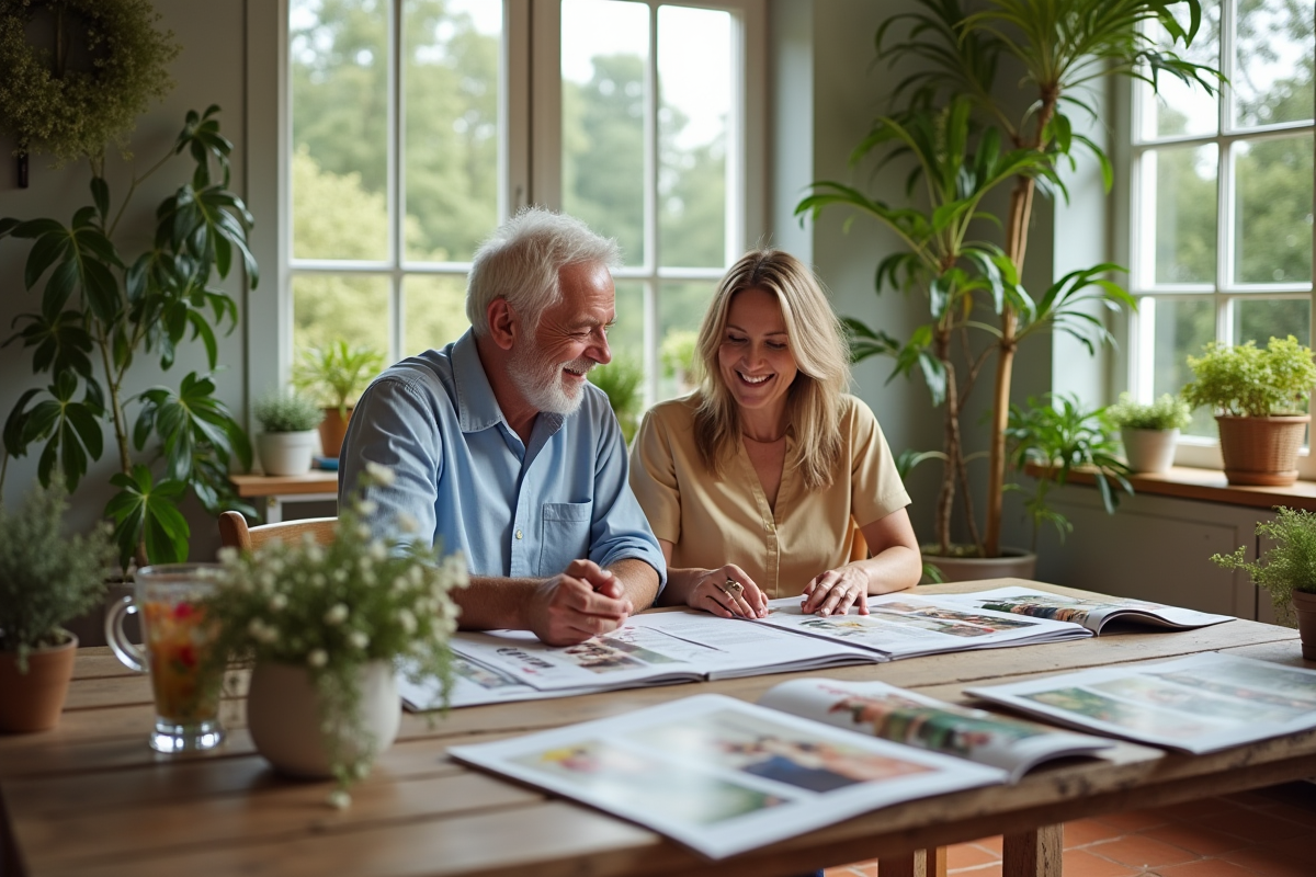 Couple souriant discutant palette de couleurs dans une véranda lumineuse