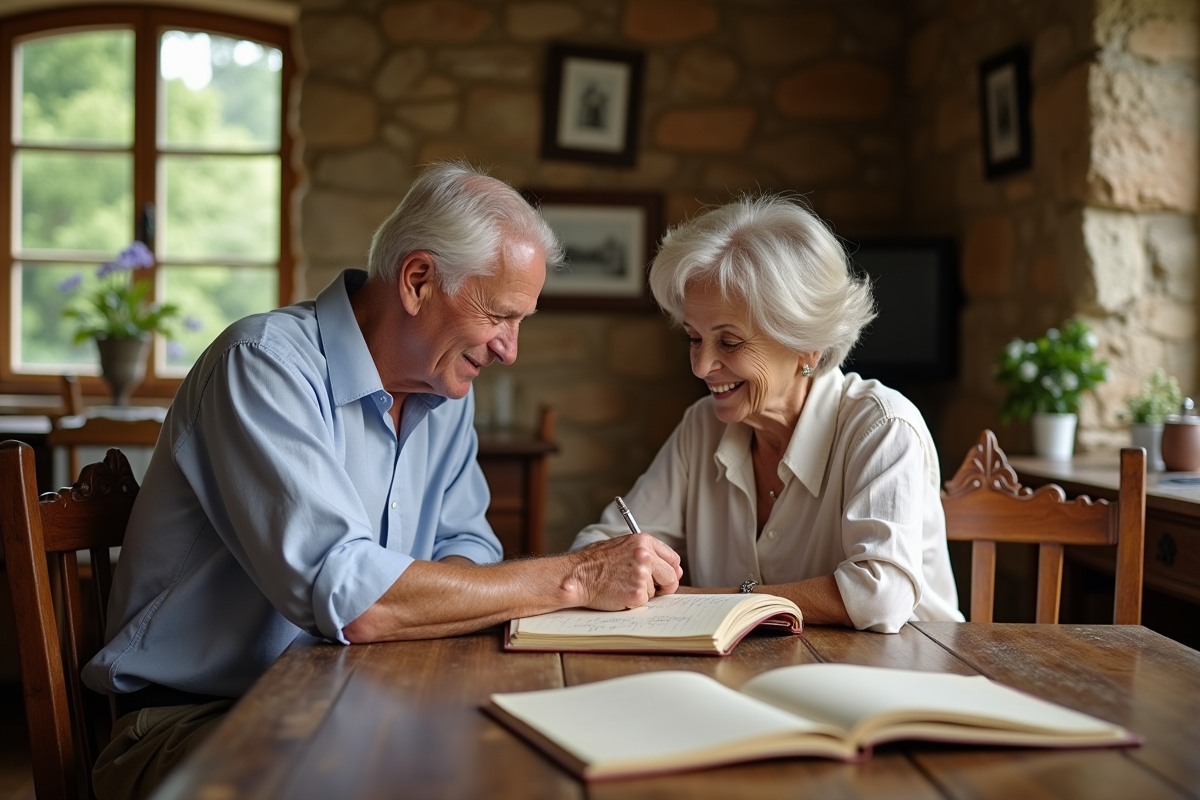 Couple âgé partageant un journal dans une auberge champêtre