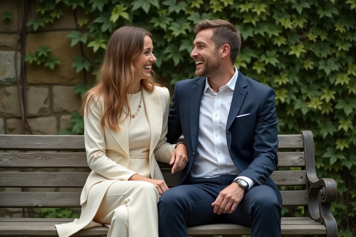 Couple élégant assis dans un jardin botanique, souriant ensemble, illustrant les spéculations autour d'un mariage célèbre