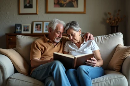 Couple méditerranéen regardant un album photo en famille