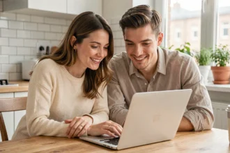 Couple fiancé créant leur site de mariage ensemble sur un ordinateur portable dans leur cuisine moderne