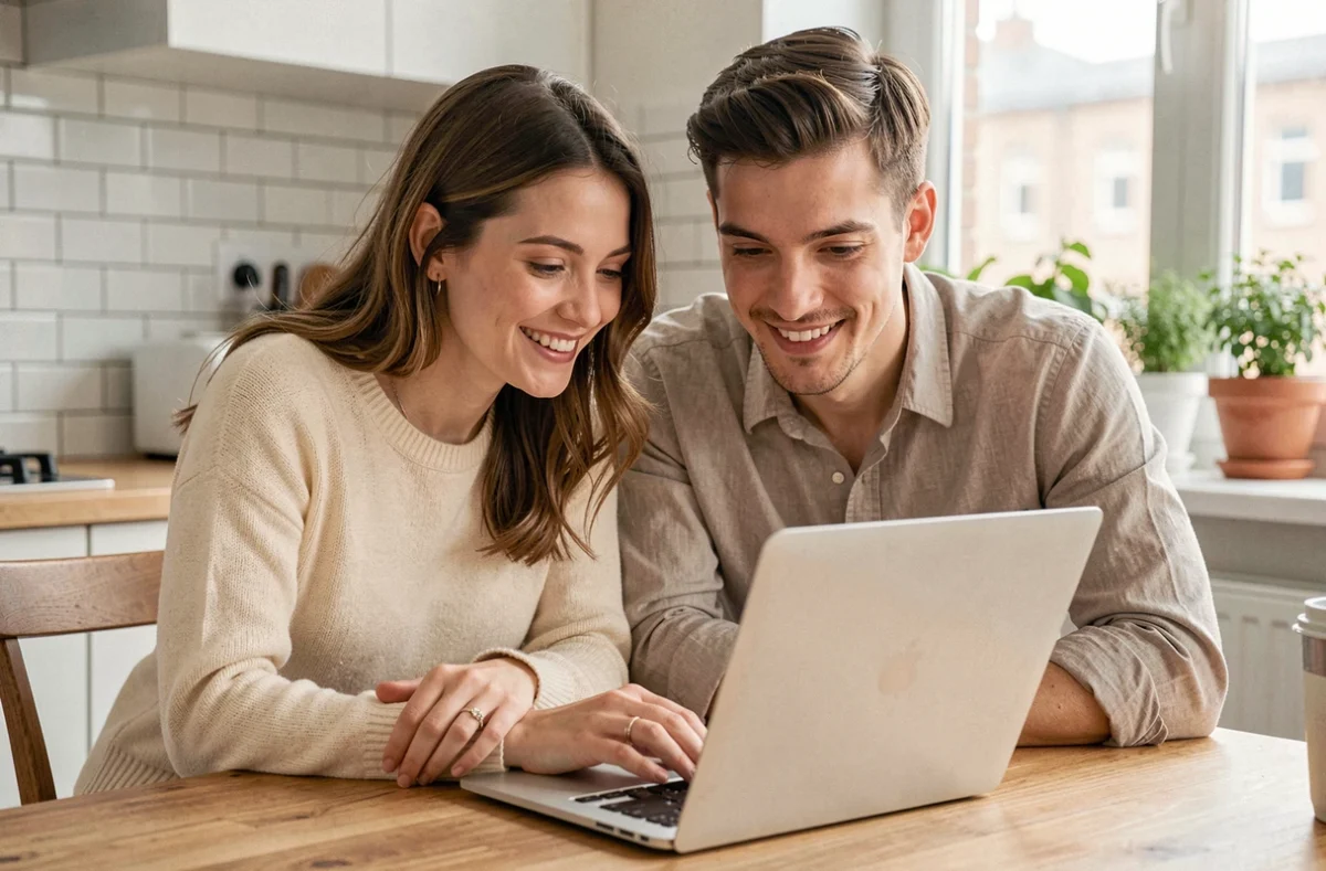 Couple fiancé créant leur site de mariage ensemble sur un ordinateur portable dans leur cuisine moderne