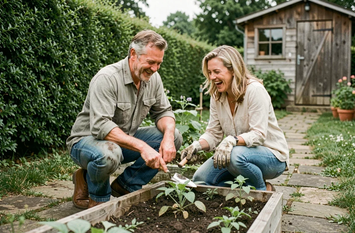 Couple jardinent ensemble dans un jardin privé à la campagne, représentant l'équilibre entre vie publique et intimité préservée loin des médias