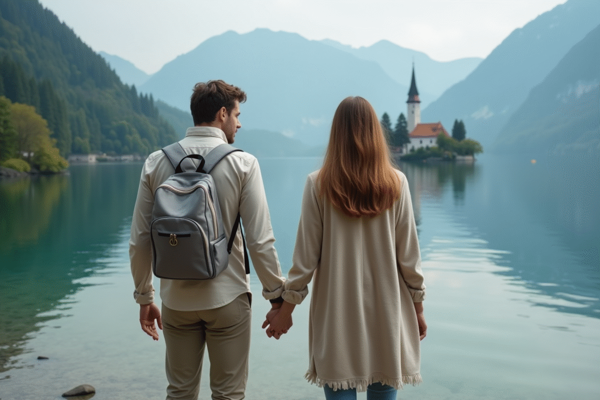 Jeune couple au bord du lac Bled en Slovénie
