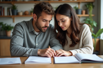 Couple en cuisine lisant des documents officiels