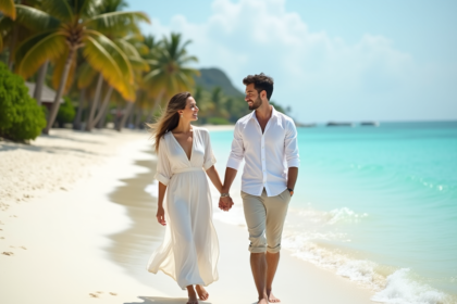 Jeune couple en voyage sur une plage de sable blanc avec eau turquoise