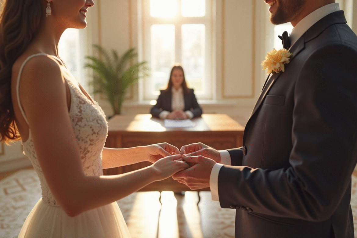 Couple souriant échangeant des alliances lors d'une cérémonie civile ensoleillée