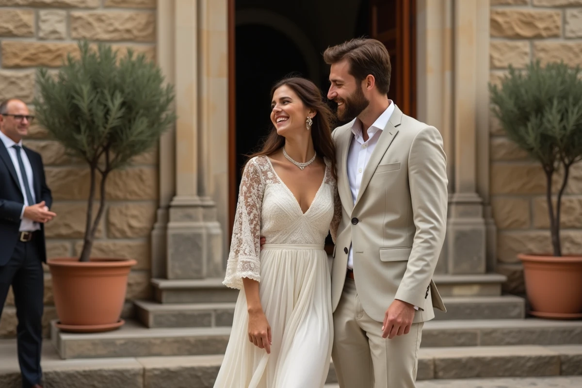 Couple lors d'un mariage civil devant une mairie en pierre, mariée en robe bohème blanc cassé avec détails broderie anglaise et ruban taille