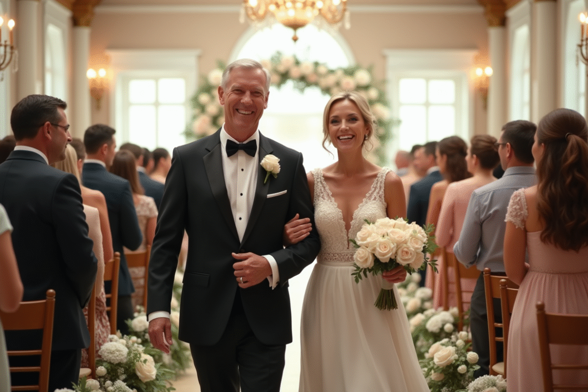 Couple heureux en mariage dans une allée florale en intérieur