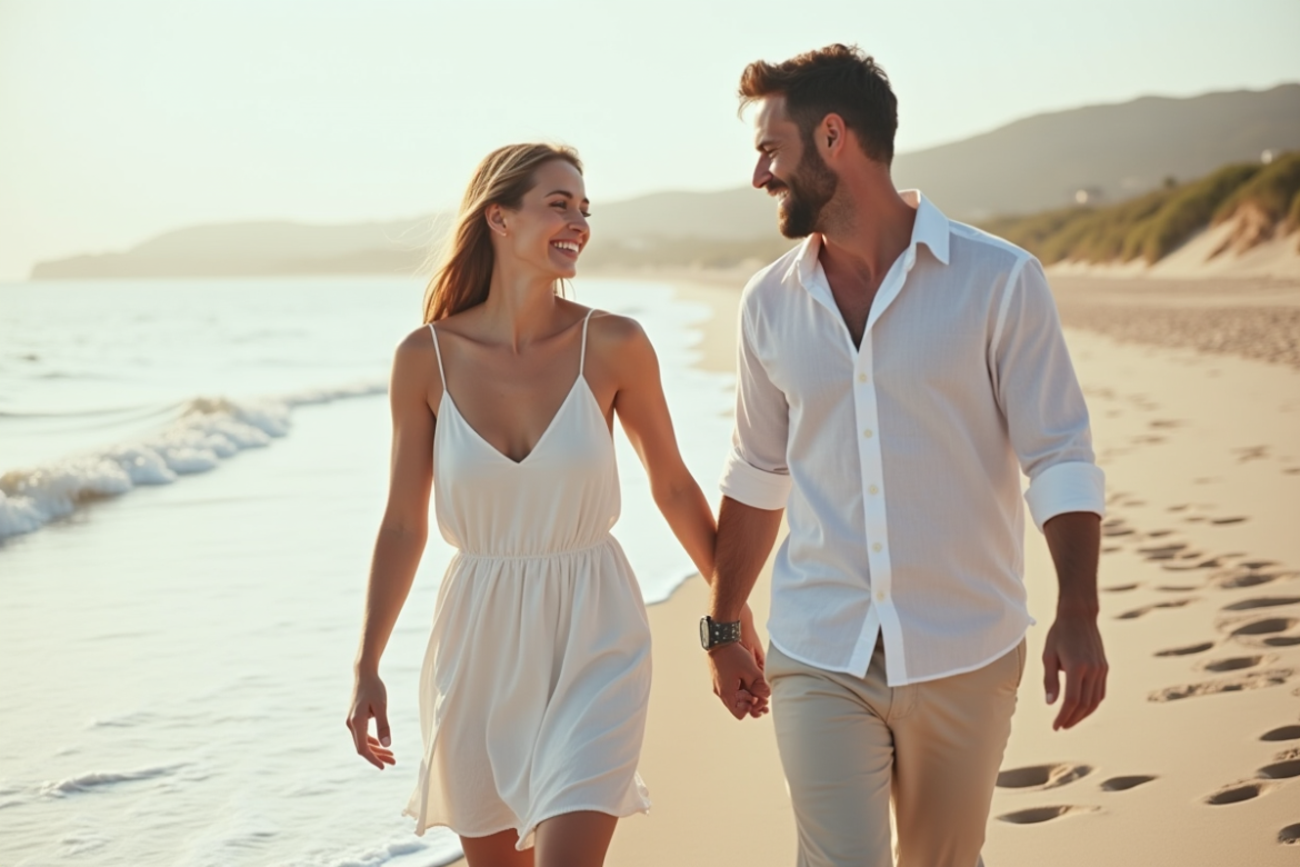 Jeune couple marié marche sur la plage en souriant