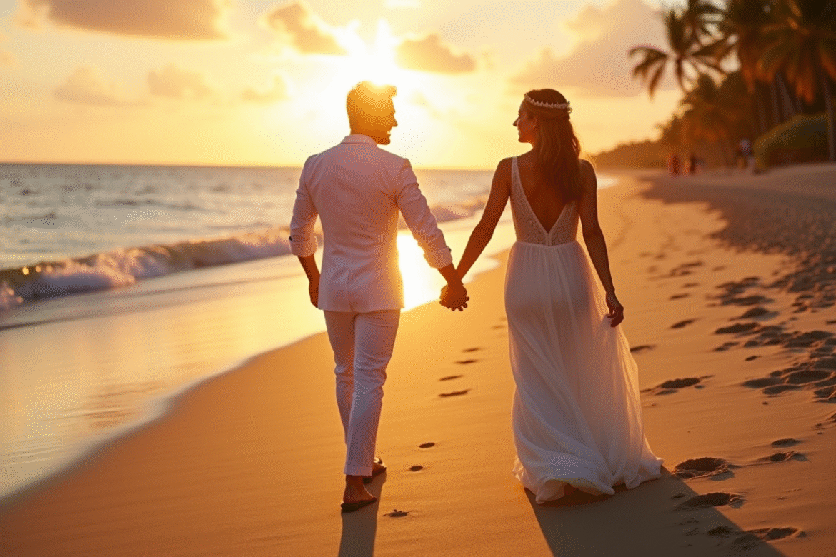 Jeune couple marié marchant sur la plage au coucher de soleil