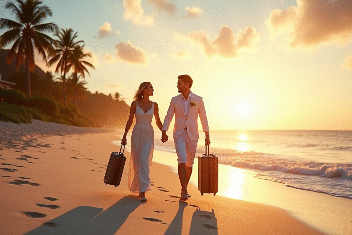 Jeune couple marié marchant sur la plage tropicale au coucher du soleil