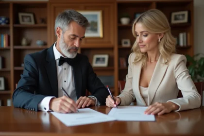 Couple élégant examinant un registre de mariage à la maison