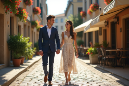 Couple heureux marchant dans un village européen en mariage