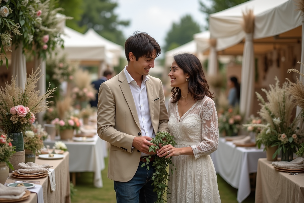 Jeune couple découvrant des décorations de mariage en extérieur