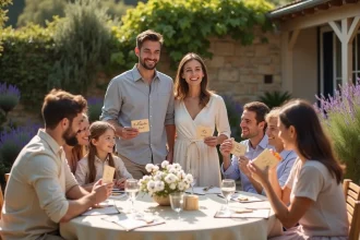 Couple célébrant deux ans de mariage entouré de leur famille participant à des activités créatives dans un jardin