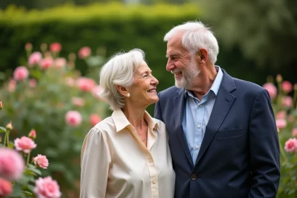 Couple de personnes âgées célébrant 50 ans de mariage dans un jardin fleuri, souriants et complices