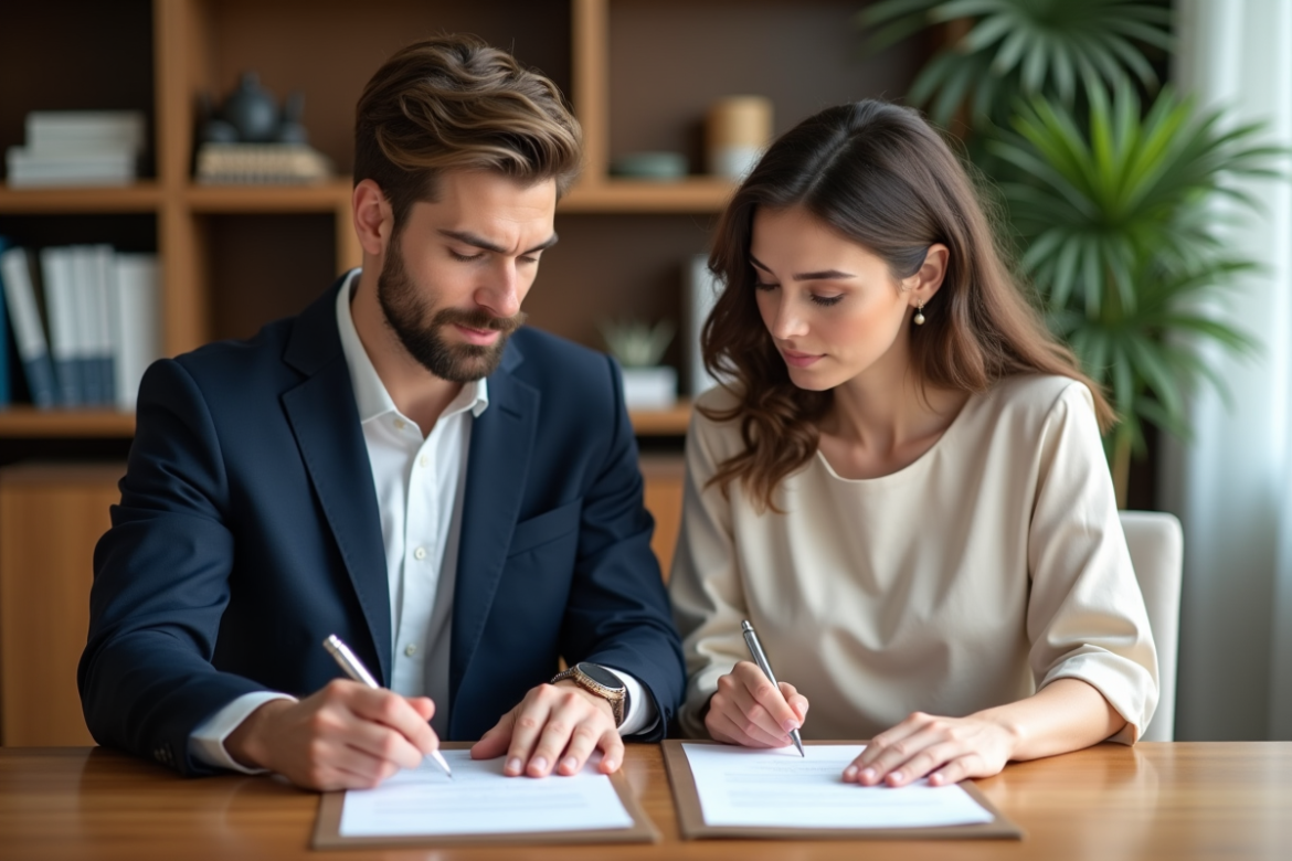 Jeune couple en réunion chez le notaire pour un acte officiel