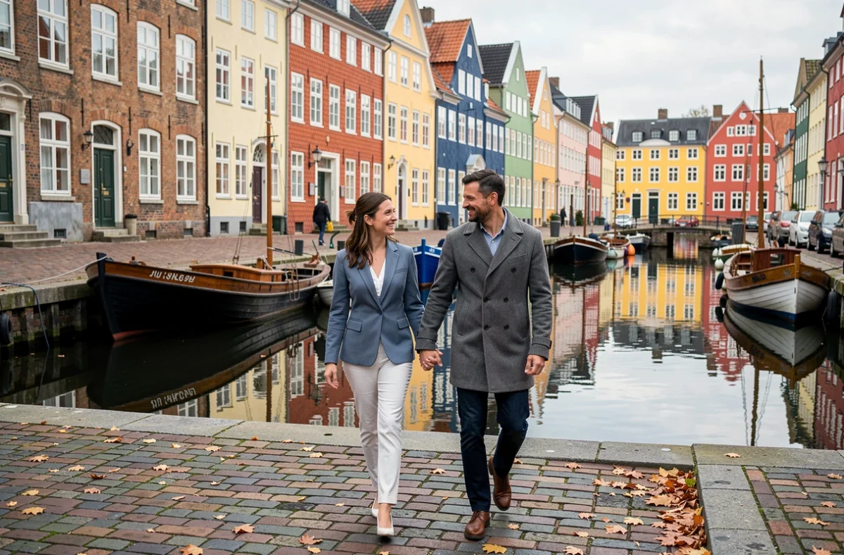 Couple se promenant à Nyhavn Copenhague en préparant leur mariage au Danemark