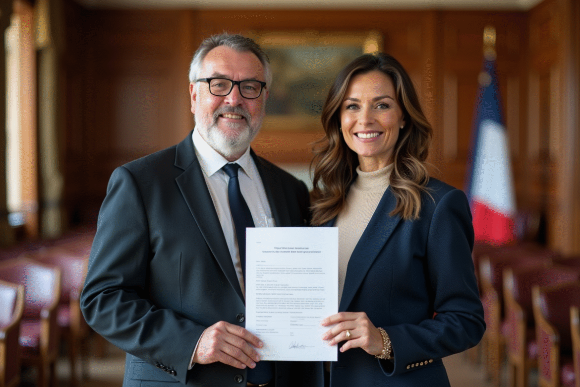 Couple élégant tenant un document officiel dans une mairie
