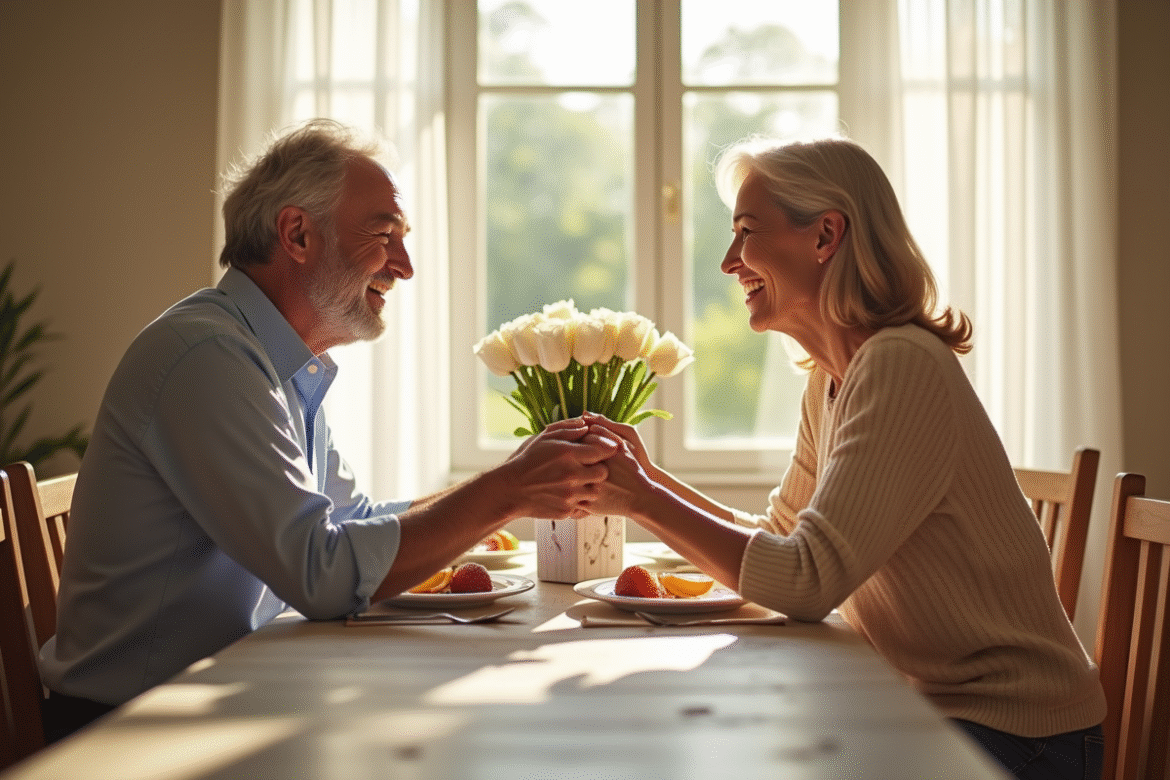Couple mature souriant main dans la main au petit déjeuner
