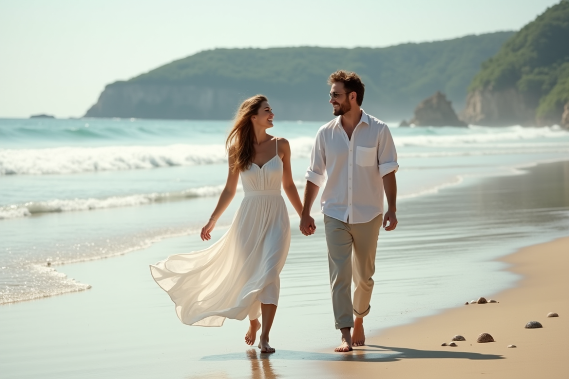 Jeune couple marié marche sur la plage au bord de la mer