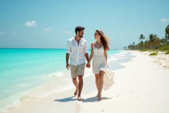 Jeune couple souriant sur une plage de sable blanc