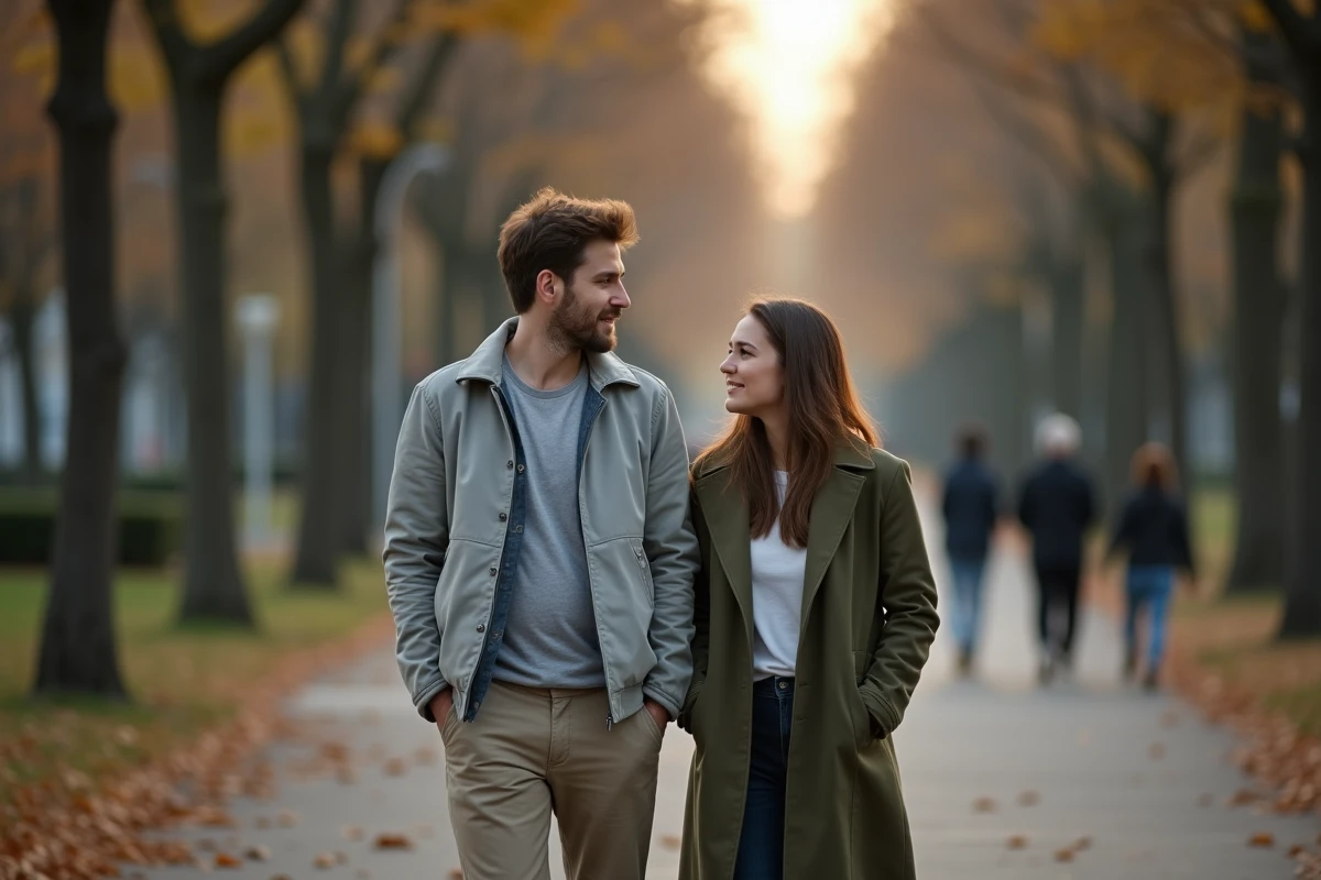 Couple se promenant dans un parc en automne, reflétant la complexité des sentiments entre désir et amour