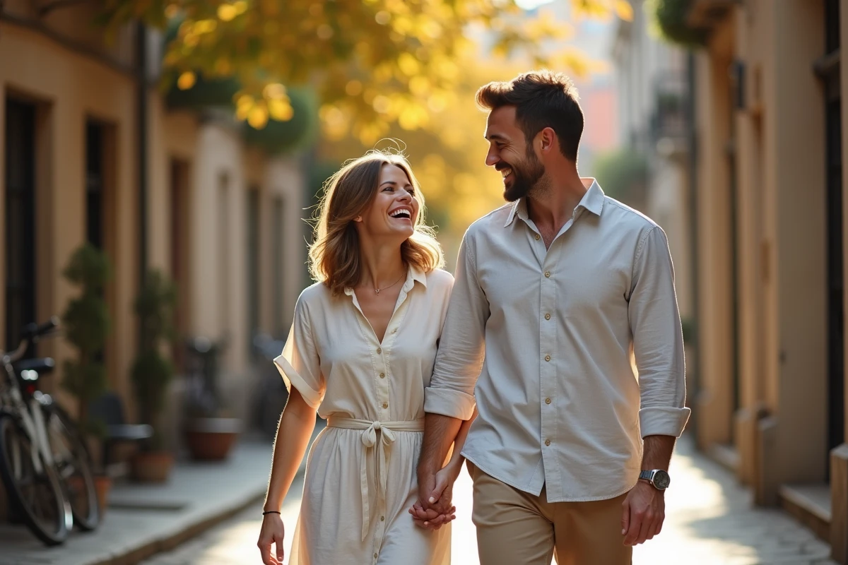 Couple détendu se promenant dans une rue pavée européenne, illustrant la vie privée et l'intimité d'un mariage discret