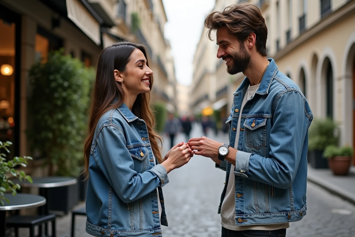 Jeune couple parisien échangeant une bague lors d'une sortie