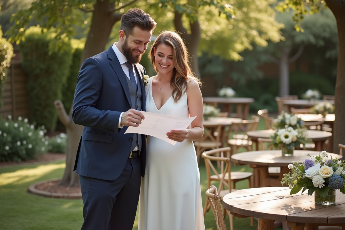 Jeune couple planifie mariage dans jardin ensoleille