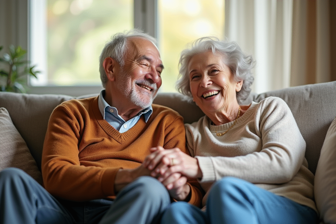 Couple senior assis sur un canapé chaleureux souriant