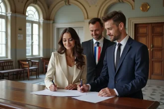 Couple signant les registres lors d'un mariage civil en mairie, officiant en arrière-plan