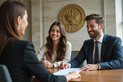 Jeune couple souriant lors d'une démarche officielle à la mairie