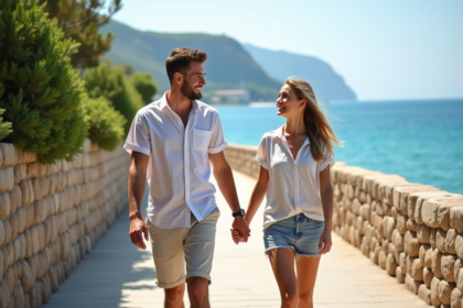 Jeune couple souriant en promenade sur la côte en été