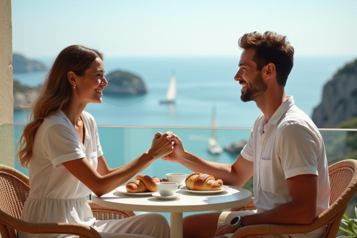 Couple souriant sur balcon avec vue mer en arrière-plan