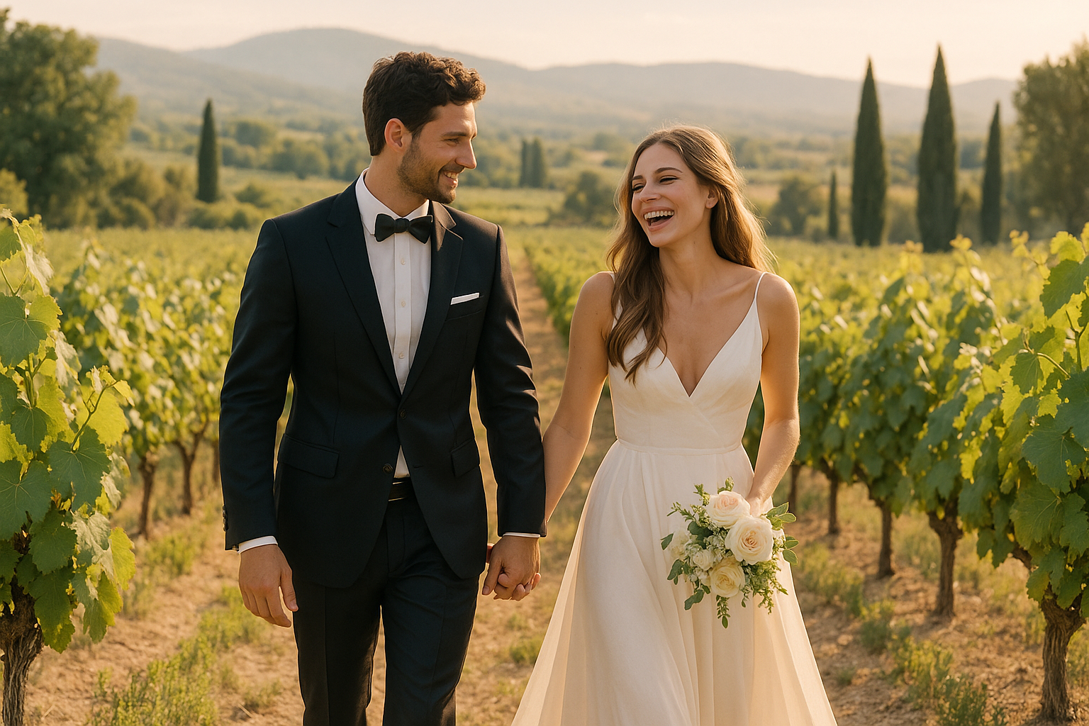 Couple de mariés dans un vignoble en Provence ensoleillée