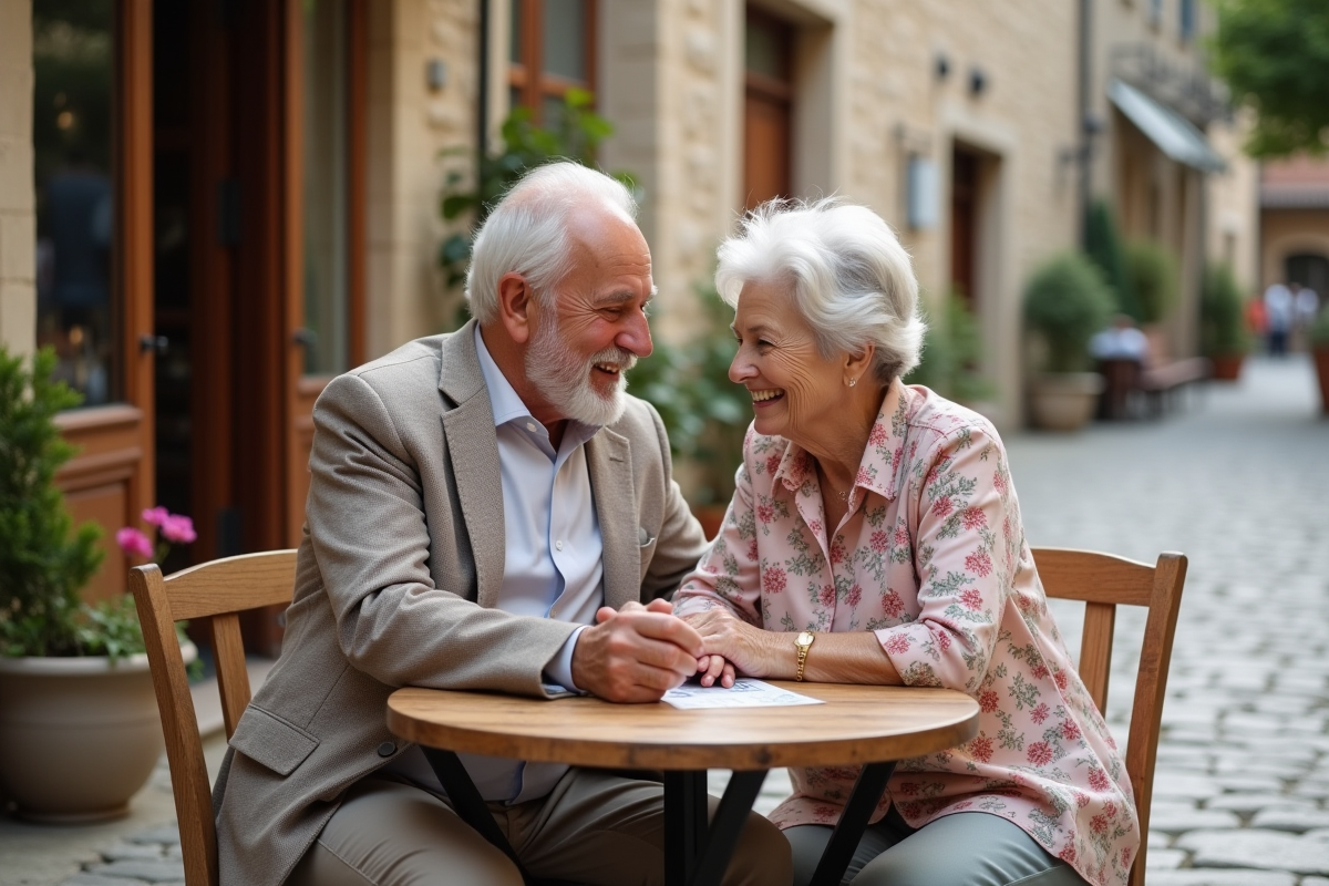 Vieux couple lisant des cartes postales dans un café européen