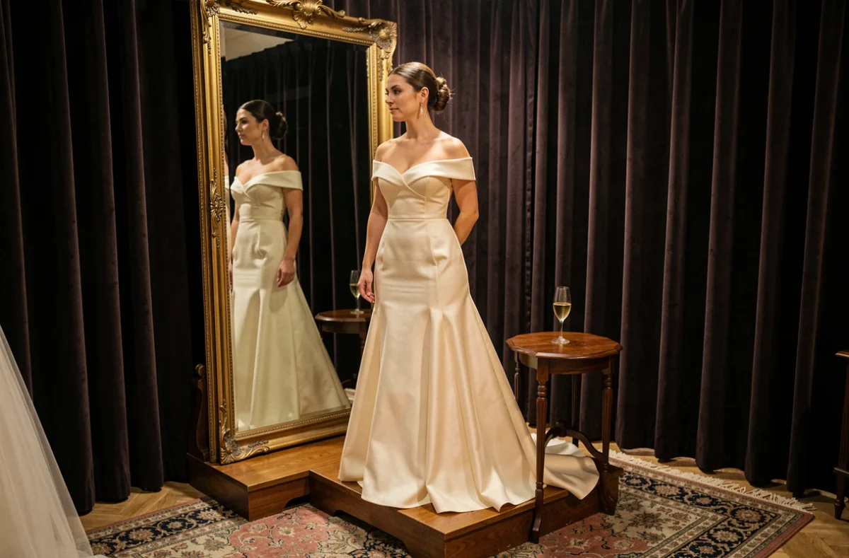 Mariée en robe de satin duchesse examinant son reflet dans un miroir doré dans la cabine d'essayage de Courtiezanne