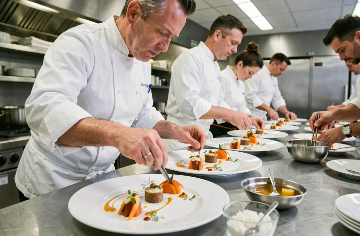 Équipe de Culin'Arts Événementiel dressant des assiettes gastronomiques pour un mariage avec précision et raffinement culinaire