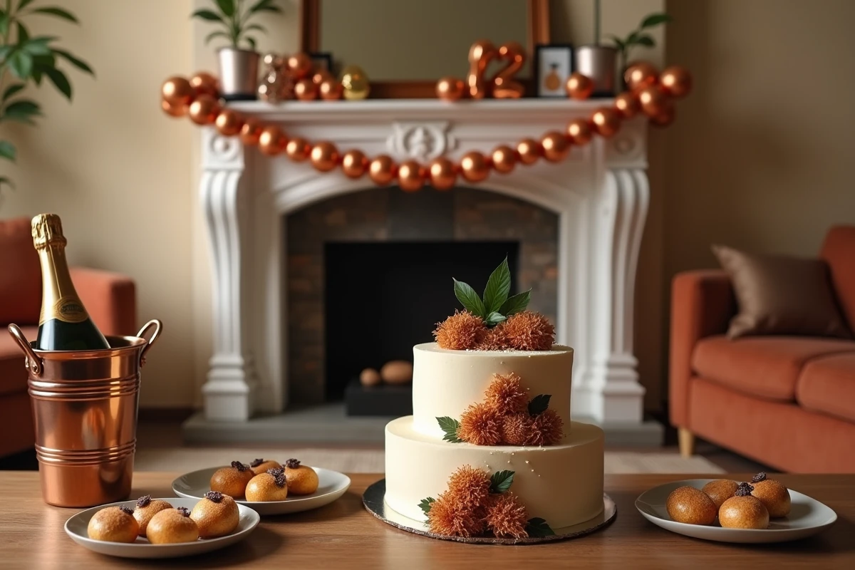 Salon décoré pour une fête de noces de bronze avec guirlande cuivrée, ballons dorés, gâteau anniversaire et table de desserts festive