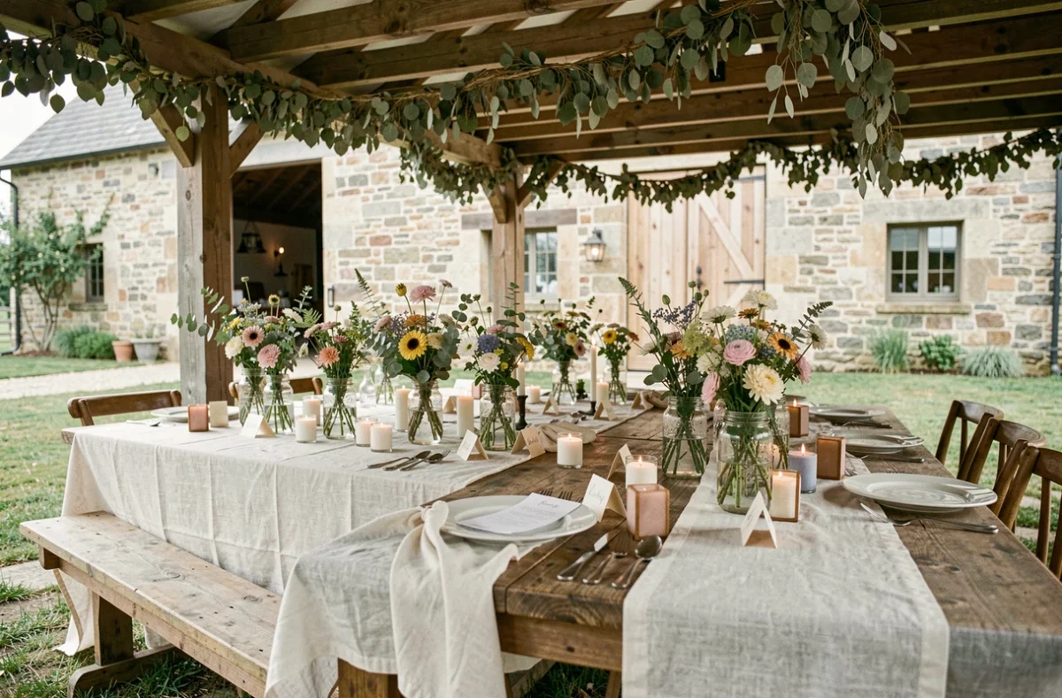 Table de réception de mariage décorée simplement dans un domaine avec fleurs sauvages et bougies, décoration économique