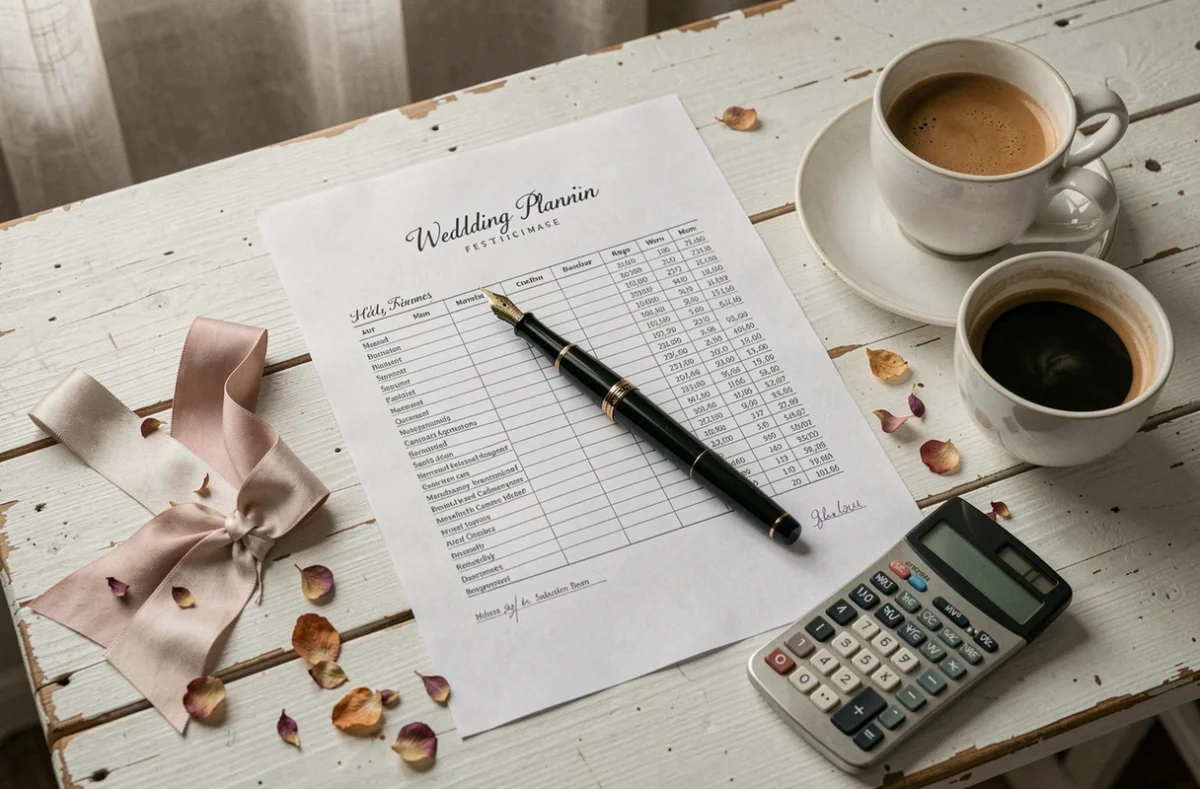 Devis de wedding planner posé sur une table avec stylo, échantillons de tissu et éléments de planification de mariage